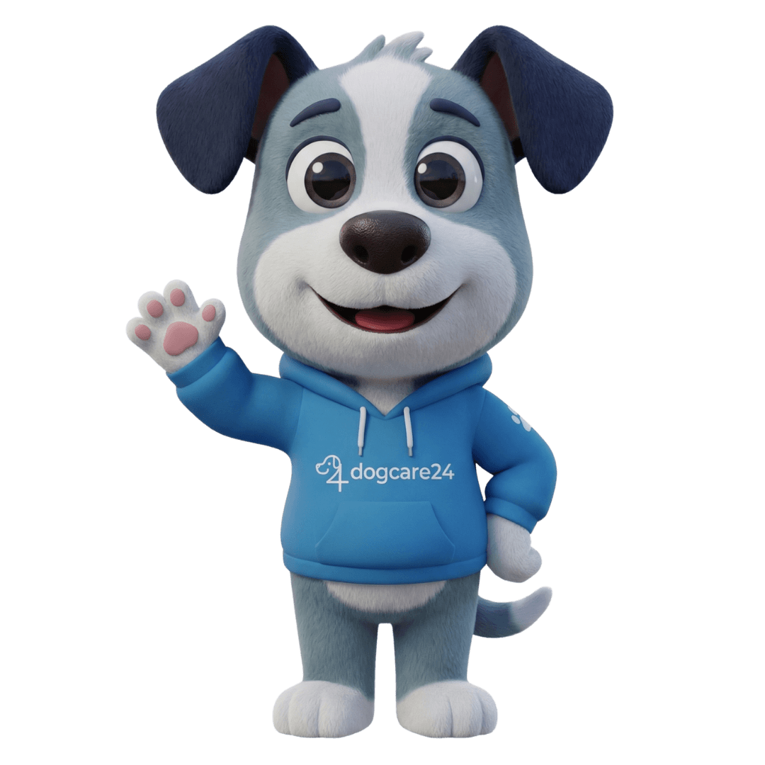 Balu, das DogCare24-Maskottchen, winkt.